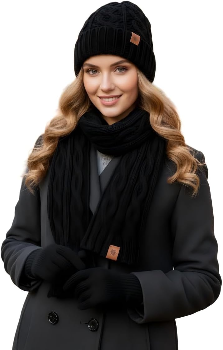 Sofvoyami Store Winter Hat Scarf Gloves Set, Soft Warm Knit Beanie Hat Touchscreen Gloves Long Knitted Scarf Set Winter Gifts for Men women - Image 1
